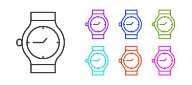 Siyah çizgi bilek saat simgesi beyaz arkaplanda izole edildi. Kol saati simgesi. Simgeleri renklendirin. Vektör