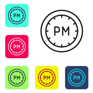 Siyah çizgi gündüz simgesi beyaz arkaplanda izole edildi. Zaman sembolü. Renkli kare düğmelerle simgeleri ayarla. Vektör