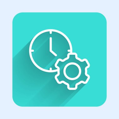 Beyaz çizgi Zaman yönetimi simgesi uzun gölge arkaplanı ile izole edildi. Saat ve vites tabelası. Üretkenlik sembolü. Yeşil kare düğmesi. Vektör