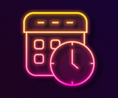 Parlayan neon çizgisi takvimi ve saat simgesi siyah arkaplanda izole edildi. Program, randevu, organizatör, zaman çizelgesi, zaman yönetimi. Vektör