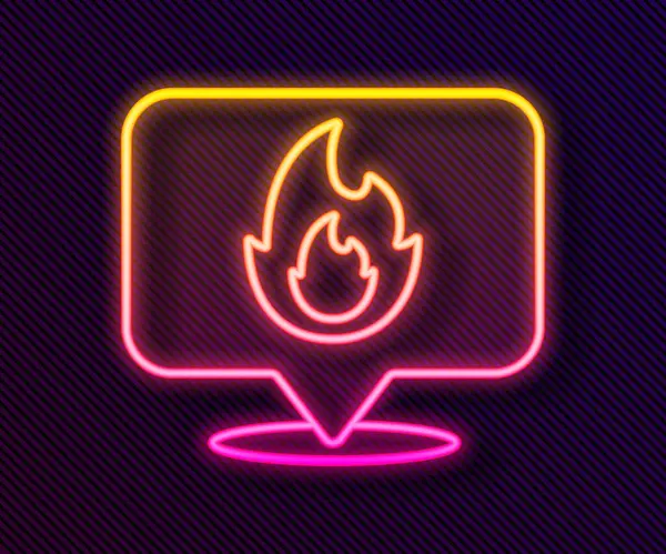 Siyah arkaplanda izole edilmiş ateş alev ikonu olan parlak neon çizgili harita işaretçisi. Yakında yangın var. Vektör — Stok Vektör