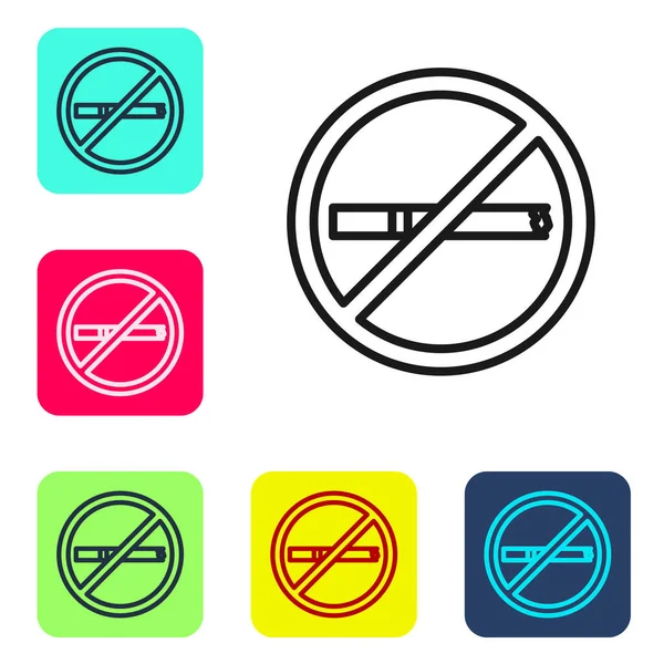 Linha preta Nenhum ícone de fumar isolado no fundo branco. Tabagismo cigarro sinal proibido. Definir ícones em botões quadrados de cor. Vetor — Vetor de Stock
