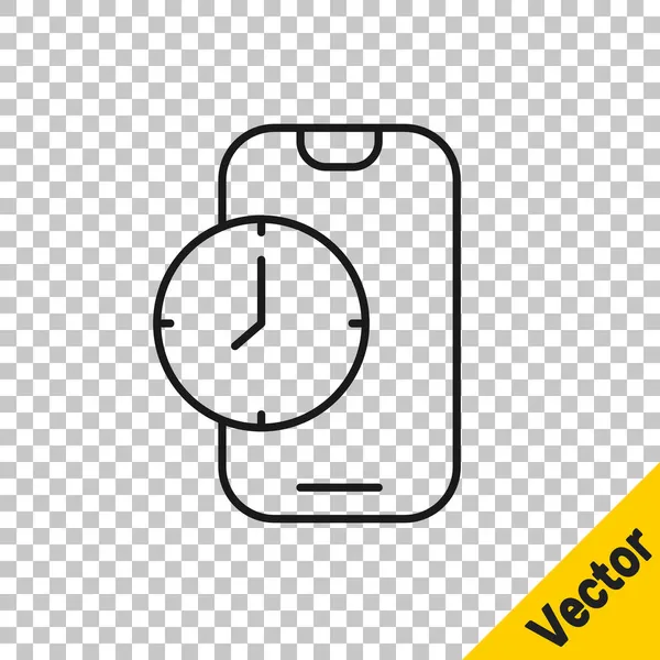 Black Line Wecker App Smartphone-Schnittstelle Symbol isoliert auf transparentem Hintergrund. Vektor — Stockvektor
