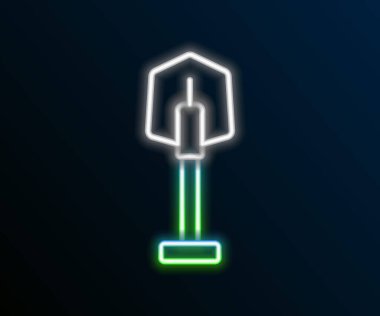 Parlayan neon hattı siyah arkaplanda izole edilmiş ateş küreği ikonu. Yangın koruma ekipmanları. İtfaiyeciler için ekipman. Renkli taslak konsepti. Vektör