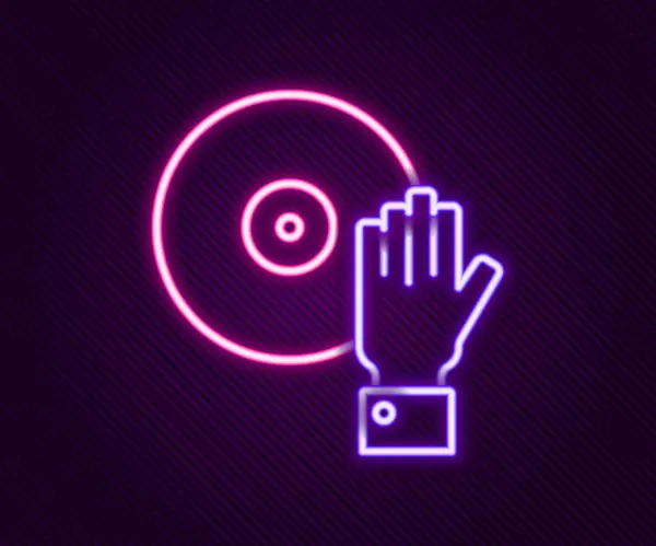 Brillante línea de neón DJ reproducción de música icono aislado sobre fondo negro. Concepto de esquema colorido. Vector — Vector de stock