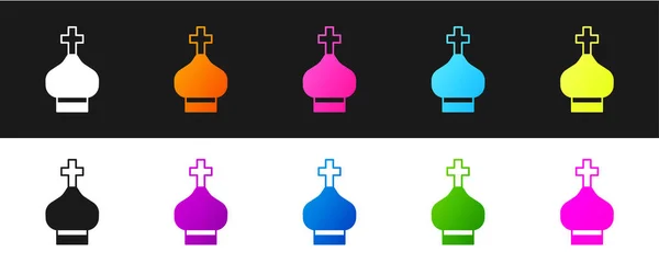 Definir ícone da torre da igreja cristã isolado no fundo preto e branco. Religião da igreja. Vetor — Vetor de Stock