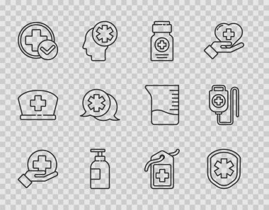 Cross hastanesi sağlık ekibi, haçlı tıbbi kalkan, ilaç şişesi, el dezenfektanı, doktor diyaloğu, etiket ve serum torbası ikonu. Vektör