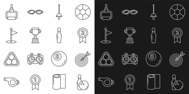 Çizgi bovling topu, ok, madalya, eskrim, ödül kupası, golf bayrağı, TPX döngü eğitim ekipmanı ve ikonu olan hedef. Vektör