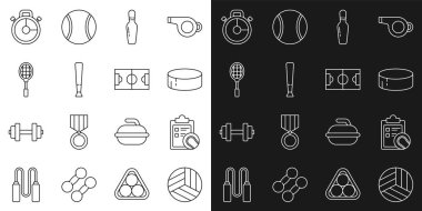 Voleybol, Checklist panosu ve tenis, hokey puck, bovling pimi, beysbol sopası, tenis raketi, sttopwatch ve futbol sahası ikonu. Vektör