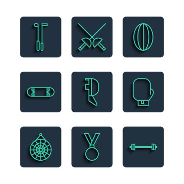 Klasik dart tahtası, madalya, halter, rugby topu, eskrim kaskı maskesi, kaykay numarası, golf sopası ve boks eldiveni. Vektör