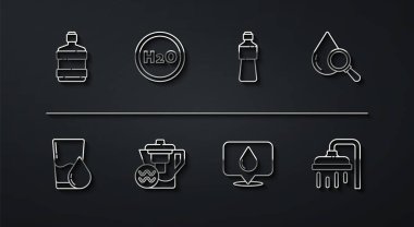 Büyük şişe temiz su, cam, damla ve büyüteç, su damlası konumu, sürahi filtresi, H2O için kimyasal formül, duş başlığı ve bir şişe ikon. Vektör