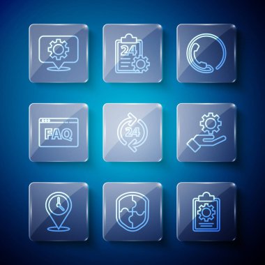 Satır konumunu saat, kalkan, kontrol listesi 24 saat hizmet, telefon desteği, tarayıcı SSS, teçhizat ve ayarları el simgesine ayarla. Vektör