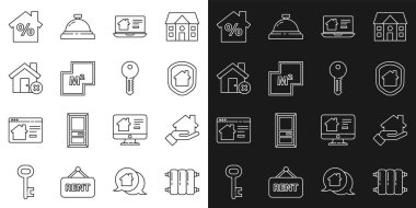 Isıtma kaloriferi, emlakçı, koruma altındaki ev, çevrimiçi emlak evi, plan, yanlış hedef, perakende indirim ve anahtar simgesi. Vektör