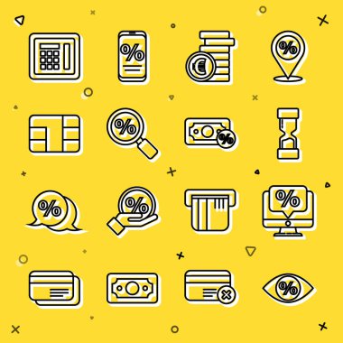 Hat Gözünü yüzde ile ayarla, yüzde indirim ve monitör, Eski kum saati, Bozuk Para Euro sembolü, Büyütme, Kredi kartı çipi, Kasa ve Para ikonu. Vektör