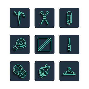 Çizgi dikiş düğmesi, örgü iğneli iplik topu, elbise askısı, emniyet iğnesi, desen, dikiş ipliği iğnesi ve Awl alet ikonu. Vektör