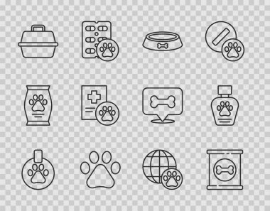 İsim etiketli tasma, konserve yiyecek, evcil hayvan kasesi, pençe izi, taşıyıcı çanta, klinik kayıt hayvanı, dünya ve şampuan ikonu. Vektör