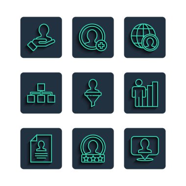 Satır Başlat, Hesap Ekranı Oluştur, Kişi, Küre ve insanlarla Yer, Kafa Avcılığı, Hiyerarşi organizasyon şeması, Arama ve Üretken İnsan ikonu. Vektör