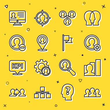 Satır Kullanıcı Grubu, Üretici İnsan, Hesap Ekranı Oluştur, Proje Ekibi Üssü, Kişiyle Yer, Monitör Özgeçmişi ve İşaretleyici simgesi. Vektör