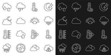 Fırtına Uyarısı, Meteoroloji Termometresi, Yağmurlu Bulut, Ay ve Gündoğumu ikonu. Vektör