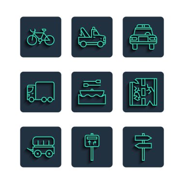 Vahşi batı hattı kapalı vagon, trafik levhası, polis arabası ve teşhirci, kürekli tekne, teslimat kamyonu, bisiklet ve kırık yol ikonu. Vektör