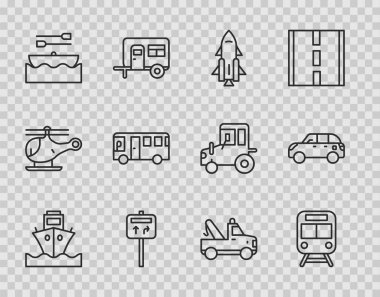 Kargo gemisi, tren ve demiryolu, ateşli roket, trafik levhası, tekne kürekleri, otobüs, çekici ve Hatchback araba ikonu. Vektör