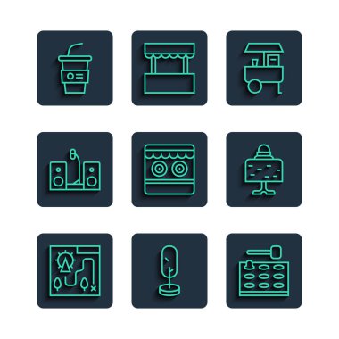 Çizgi çizgisi, eğlence parkı haritası, Ağaç, oyun makinesi, Fast Street yemek arabası, atış galerisi, iki hoparlörlü ev teybi, masa ikonunda kağıt cam su ve sihirli top. Vektör