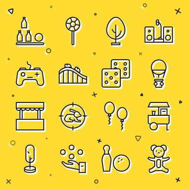 Oyuncak ayıcıklar, Fast Street yemek arabası, sıcak hava balonu, ağaç, lunapark treni, av pisti, şişe ve zar simgesi. Vektör