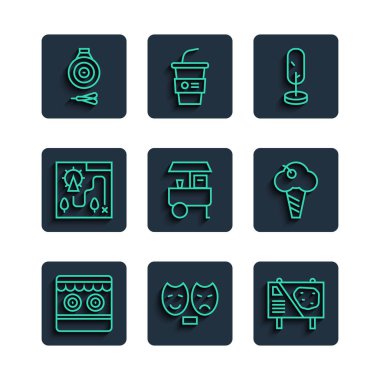 Set hattı atış poligonu, komedi ve trajedi maskeleri, lunapark reklam panosu, ağaç, Fast Street yemek arabası, harita, klasik dart oku ve dondurma külahı ikonu. Vektör