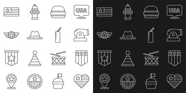 ABD Bağımsızlık Günü 'nü, yıldızlı kalkanı, Cannon, Burger, Man şapka kurdelesi, Star American ordusu, bayrak ve Dynamite bomba ikonu. Vektör