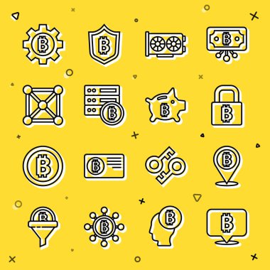Bitcoin, Lock with bitcoin, Video graphic card, Server, Blockchain technology, Cryptocurrency ve Piggy Bank ikonu. Vektör