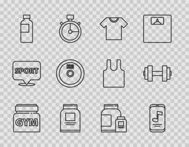 Set hattı spor beslenme, müzik çalar, tişört, fitness karıştırıcı, ağırlık plakası ve Dumbbell ikonu. Vektör