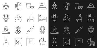 Sıra Pinata, Meksikalı güreşçi, ev, limonlu tekila bardağı, kafatası, yanan mum ve ikon. Vektör