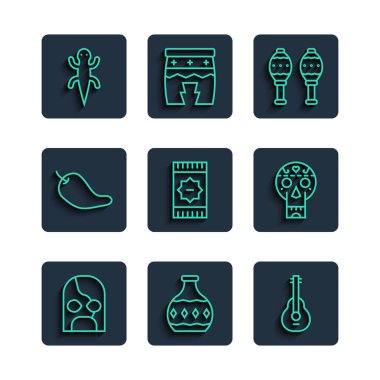 Sabit çizgili Meksikalı güreşçi, tekila şişesi, gitar, marakas, halı, acı biber kabuğu, kertenkele ve kafatası ikonu. Vektör