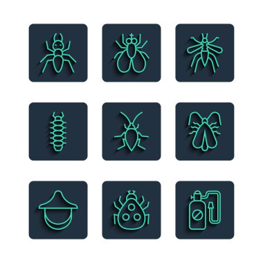 Sıralı arıcı şapkası, uğur böceği, basınç spreyi, sivrisinek, hamamböceği, kırkayak, karınca ve giysi güvesi ikonu. Vektör