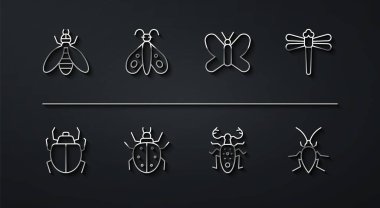 Bee, Mite, Dragonfly, Böcek geyiği, Kelebek, Hamamböceği ve ikon. Vektör