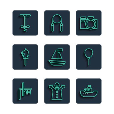 Sıralı basketbol sehpası, elinde oyuncak kukla bebek, tekne, fotoğraf makinesi, at, Pogo sopalı zıplama oyuncağı ve kurdele ikonlu balonlar. Vektör