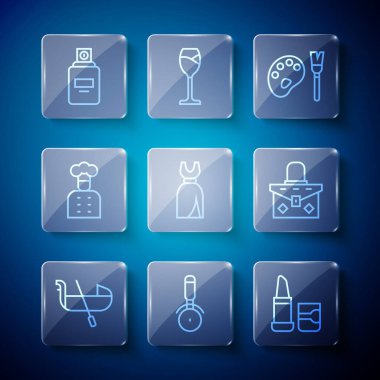 Gondol, pizza bıçağı, ruj, paletli boya fırçası, kadın elbisesi, İtalyan aşçı, parfüm ve el çantası ikonu. Vektör