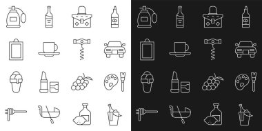 Şarabı kovaya koy paletli boya fırçası, araba, el çantası, kahve fincanı, resim, parfüm ve şarap tirbuşonu ikonu. Vektör