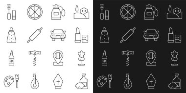 Limoncello şişesi, manken, ruj, parfüm, merdane, Grater, Mascara fırçası ve araba ikonu. Vektör