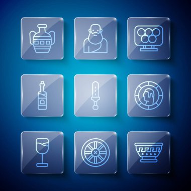 Çizgi şarap kadehi, eski ahşap tekerlek, antik Yunan kasesi, olimpiyat yüzükleri, ortaçağ kılıcı, bir şişe şarap, antik amfora ve madeni para ikonu. Vektör