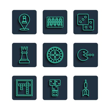 Çizgi Bingo, Domino, Dart, Zar, Kumarhane ruleti, Satranç ve Pacman. Vektör