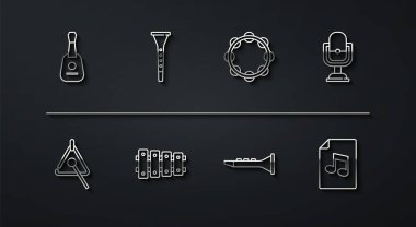 Gitar, Üçgen, Mikrofon, Klarnet, Ksilofon, notalı müzik kitabı ve tef ikonu. Vektör