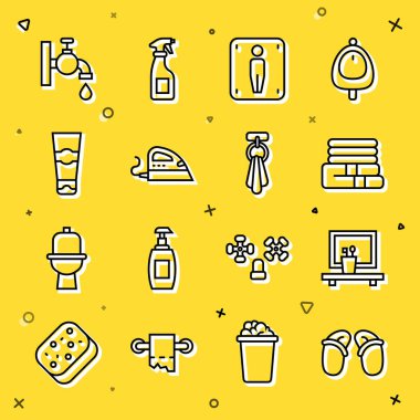 Sıralı terlikler, lavabo aynası, havlu yığını, erkek tuvaleti, elektrikli ütü, diş macunu tüpü, su musluğu ve askı ikonu. Vektör