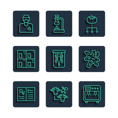 Set hattı klinik rekoru, klonlama, biyogüvenlik kutusu, genetiği değiştirilmiş gıda, deneysel hayvan, periyodik tablo, laboratuvar asistanı ve hücre ikonu. Vektör