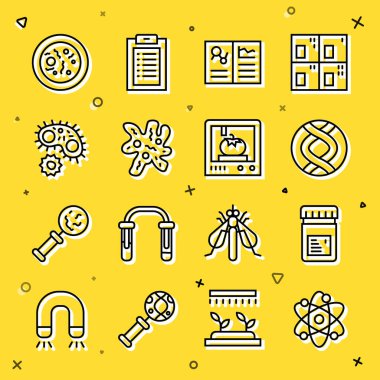 Satır Atom, kavanoz ve katkı maddeleri, DNA sembolü, klinik kayıt, hücre, virüs, petri kabı bakterisi ve 3D baskı teknolojisi ikonu. Vektör