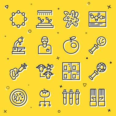 Tıbbi lastik eldivenler, DNA araştırmaları, arama, mikroorganizmalar büyüteç, hücre, laboratuvar asistanı, mikroskop, kimyasal formül ve genetik olarak değiştirilmiş elma ikonu altında. Vektör