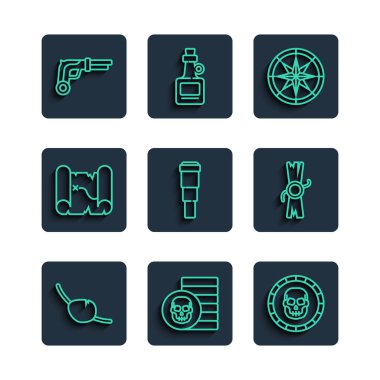 Korsan göz bandı, bozuk para, pusula, Spyglass teleskop lensi, hazine haritası, antika tabancalar ve kararname, parşömen, parşömen simgesi. Vektör