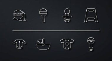 Konuşma balonu baba, bebek kıyafetleri, lazımlık, bebek arabası, oyuncak bebek ve sahte emzik. Vektör