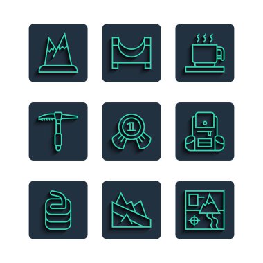 Kıvrımlı taş, dağ inişi, katlanmış harita, sıcak çikolata kupası, madalya, buz baltası, dağlar ve yürüyüş sırt çantası ikonu. Vektör