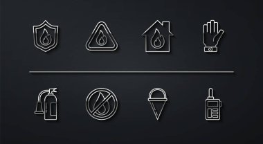 Ateş koruma kalkanı, yangın söndürücü, itfaiyeci eldivenleri, koni kovası ateş yok, alev üçgeni, telsiz ve yanan ev ikonu. Vektör